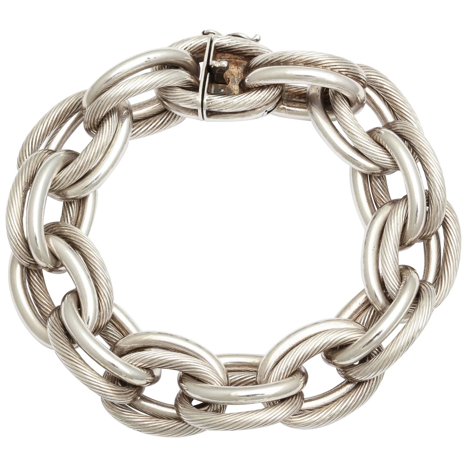 Vintage Hermes Heavy Linked Silver Chain Bracelet For Sale at 1stdibs