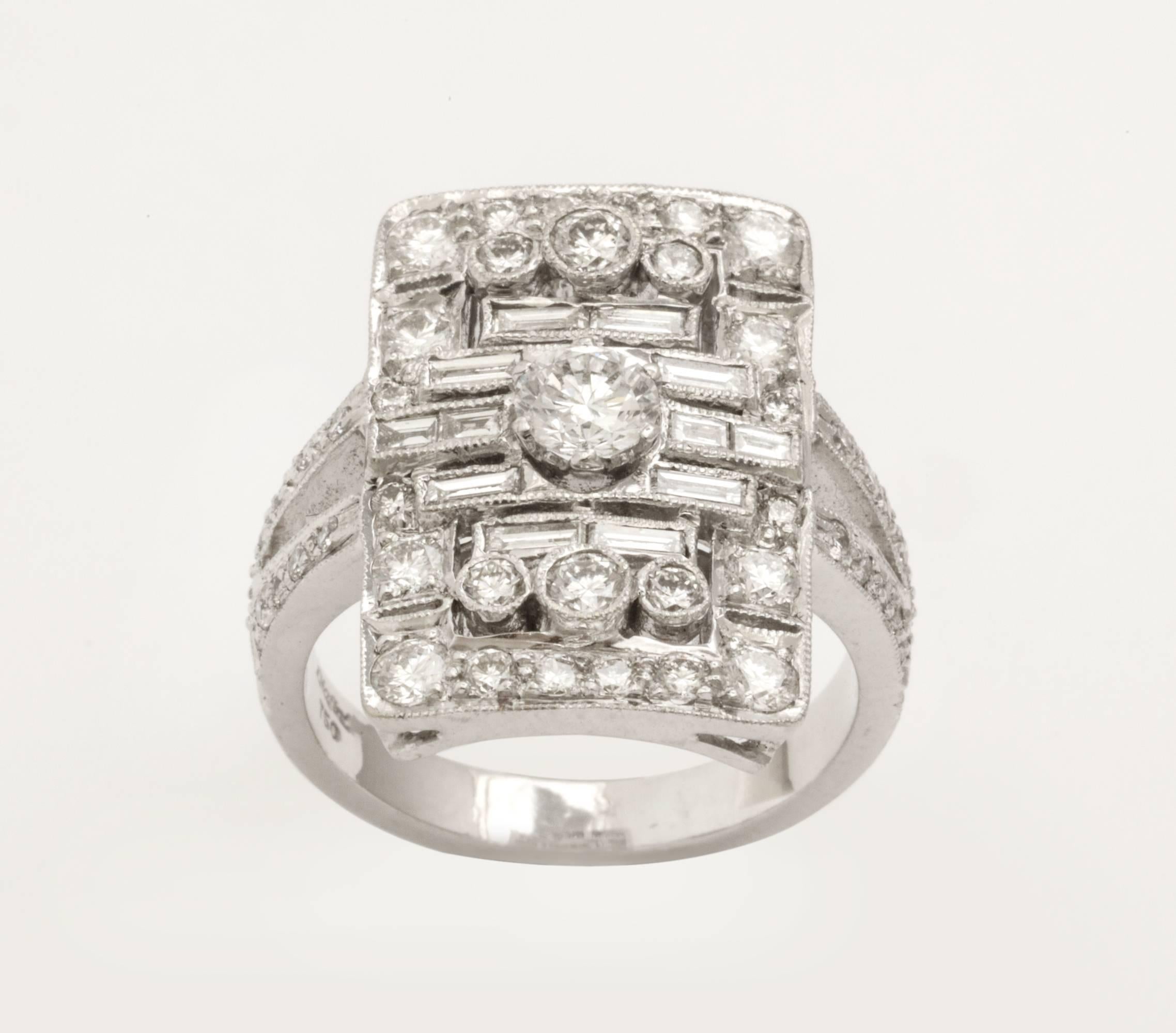 French Deco Style Diamond Platinum Ring In Excellent Condition For Sale In New York, NY