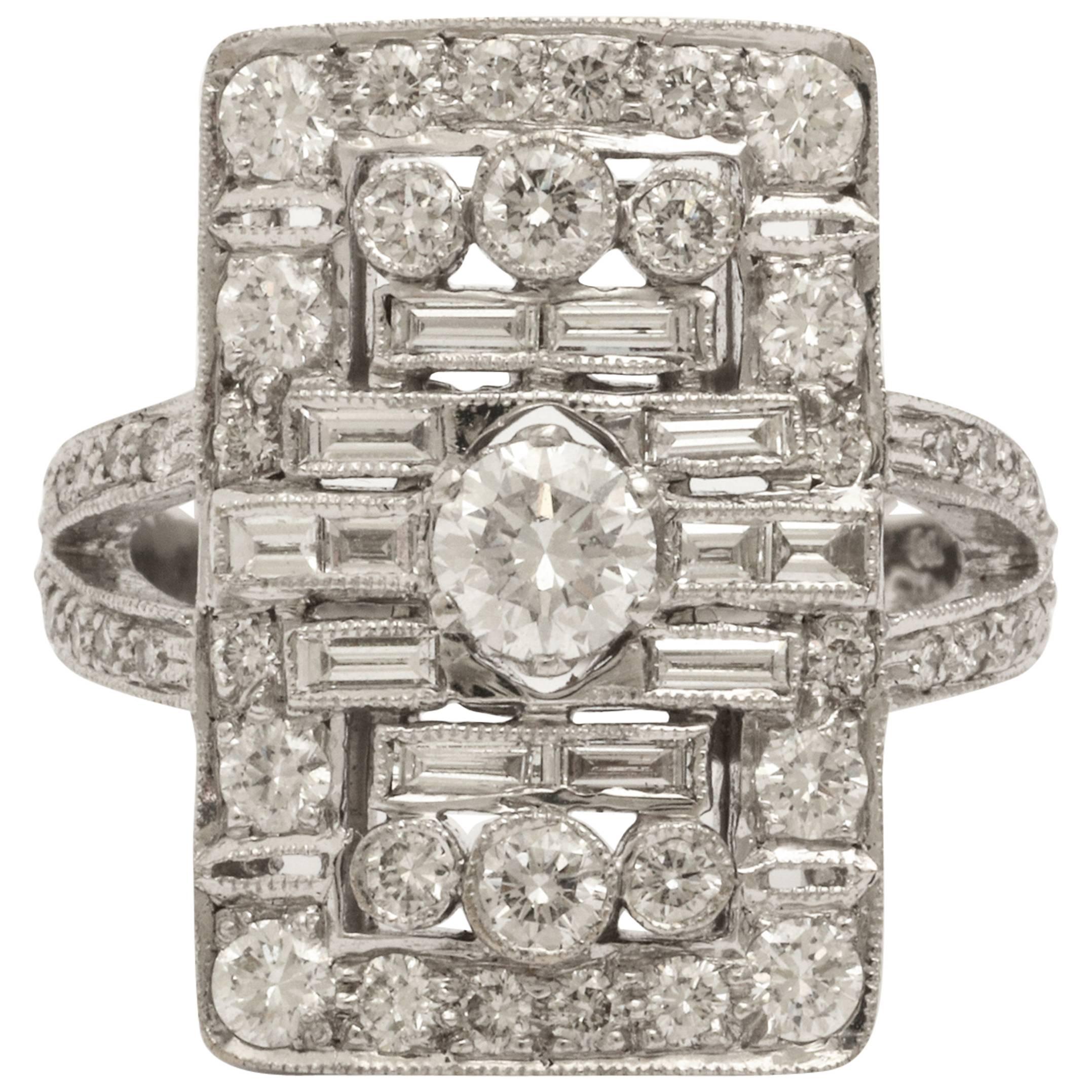 French Deco Style Diamond Platinum Ring For Sale