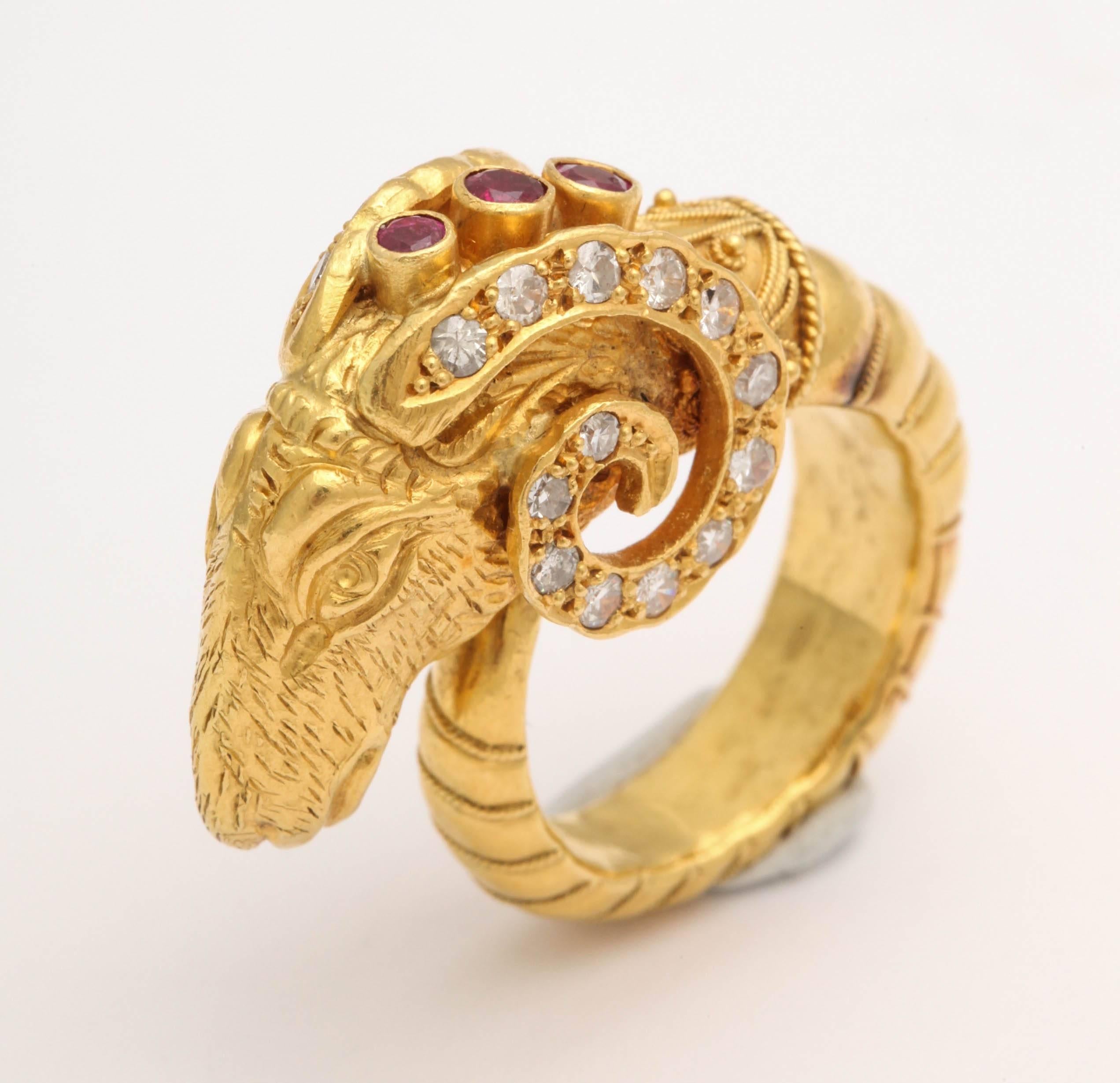 Women's Etruscan Style Gold Ram's-Head Ring with Diamonds and Rubies