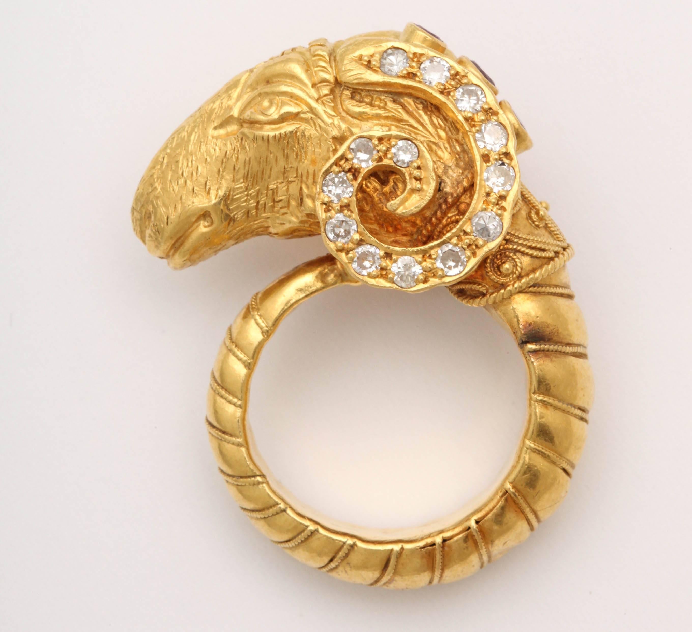 Etruscan Style Gold Ram's-Head Ring with Diamonds and Rubies In Excellent Condition In New York, NY