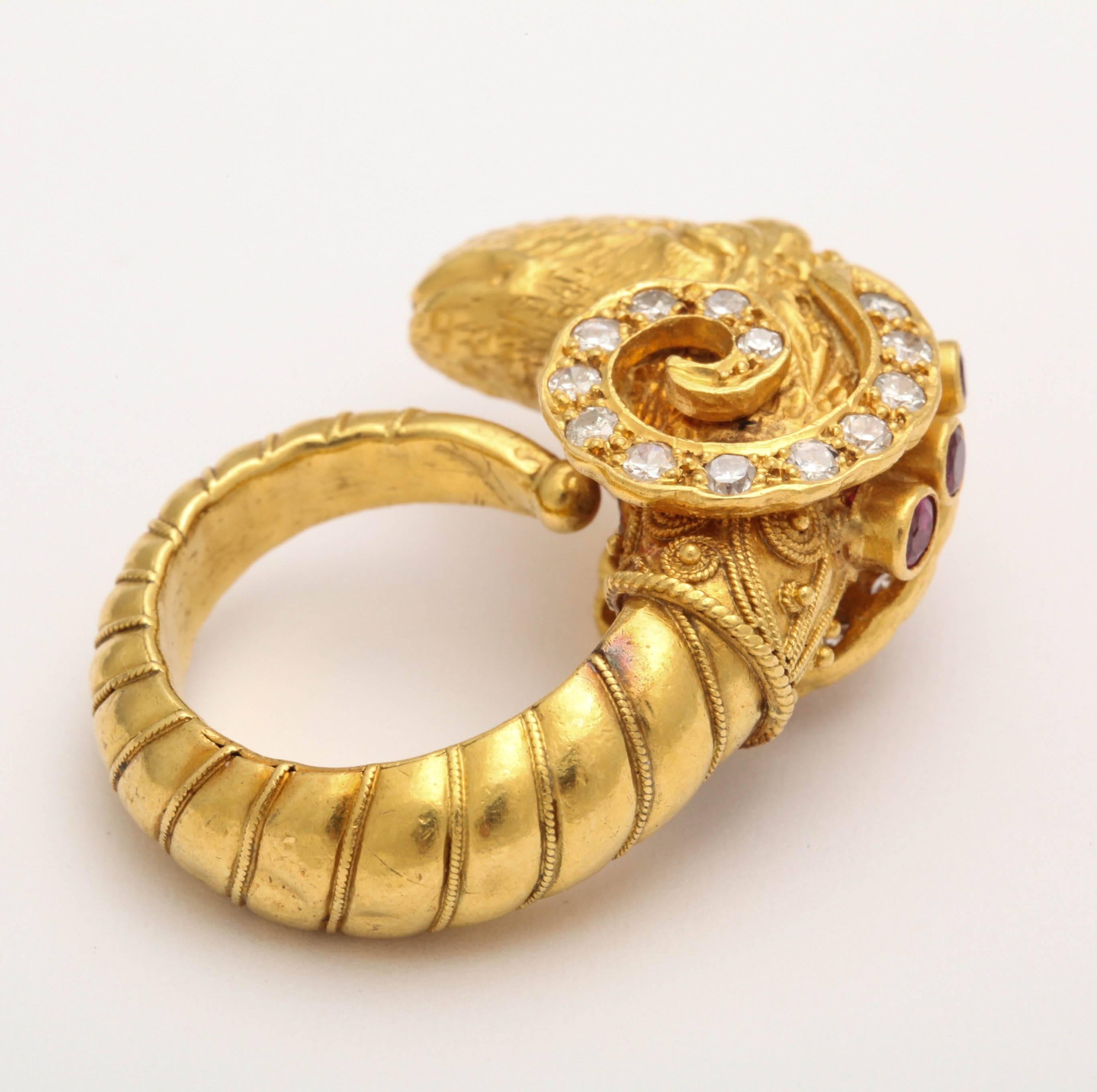 Classical Greek Etruscan Style Gold Ram's-Head Ring with Diamonds and Rubies