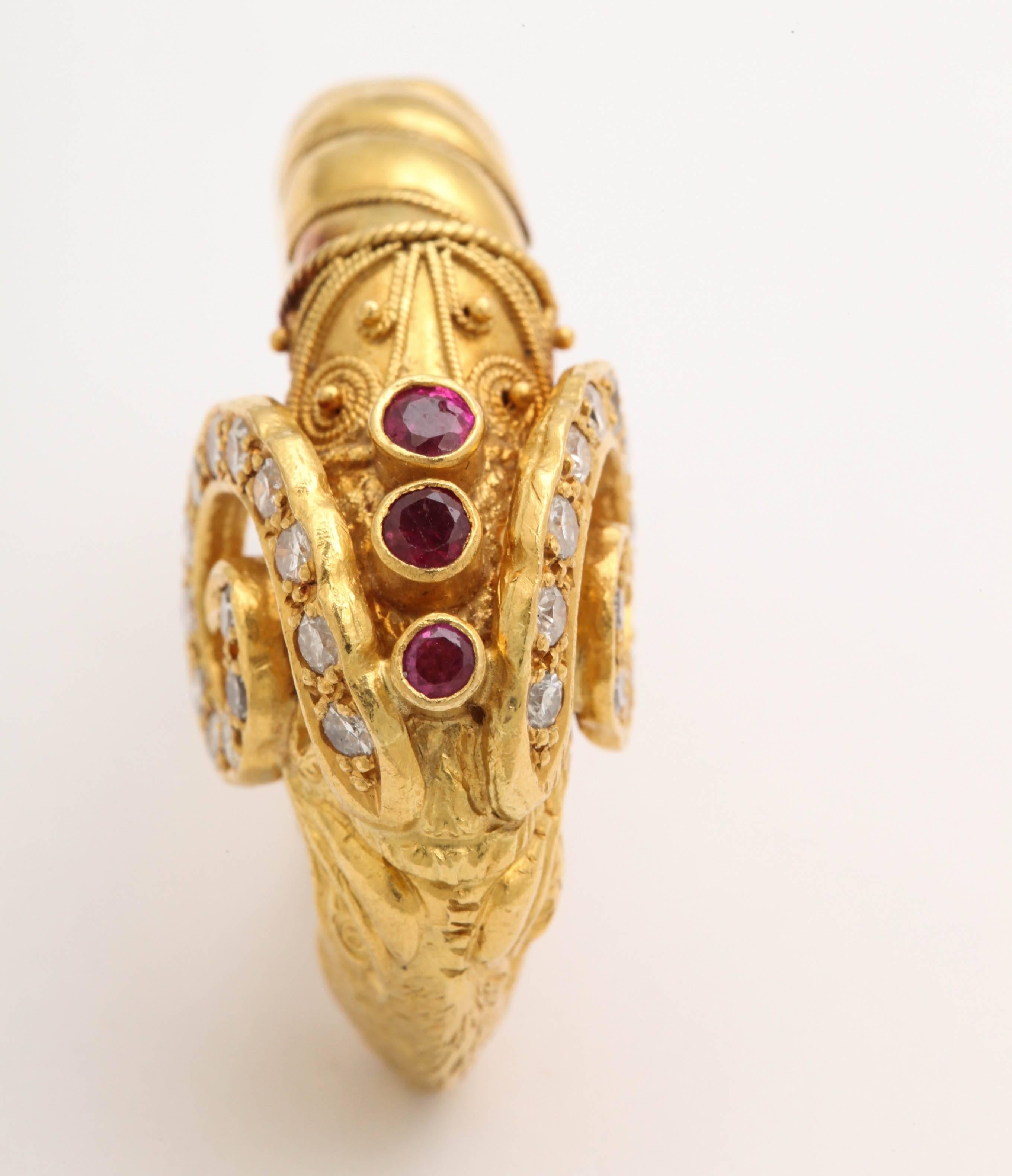 Etruscan Style Gold Ram's-Head Ring with Diamonds and Rubies 1