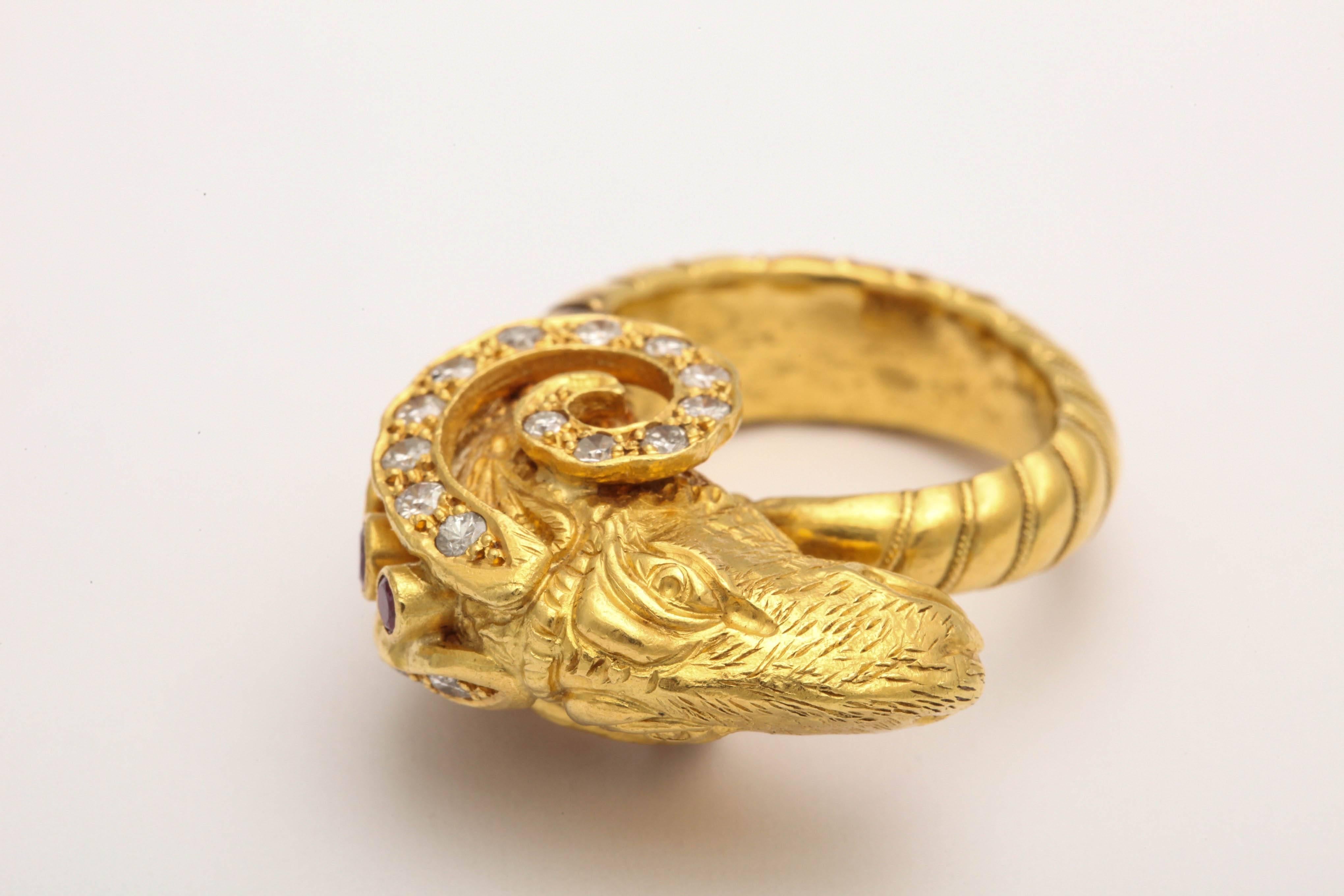 Etruscan Style Gold Ram's-Head Ring with Diamonds and Rubies 2