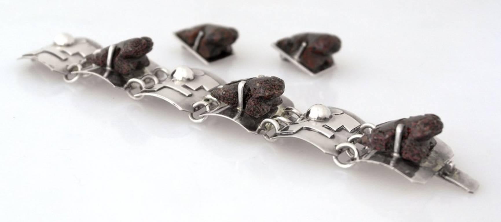 Carmen Beckmann Taxco Sterling Silver Frog Bracelet & Earrings Parure For Sale 1