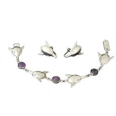 Hubert Harmon Taxco Sterling Silver Bracelet & Earrings Set - Foxes & Amethysts