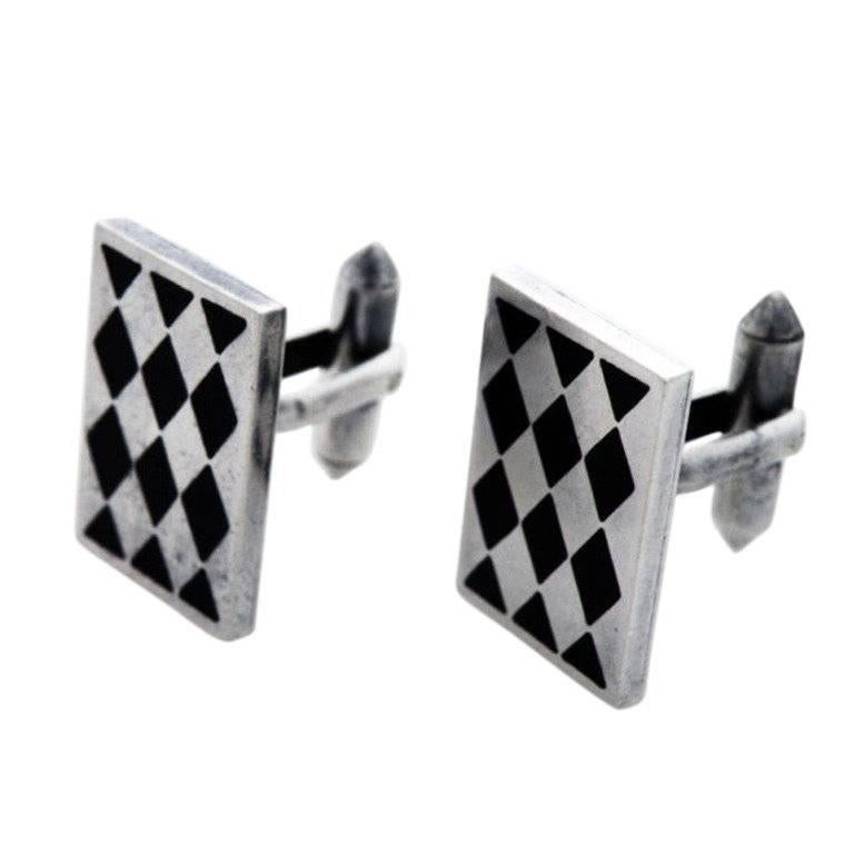 Important Pineda Sterling Silver Obsidian Diamond Checkered Cufflinks 1955 For Sale