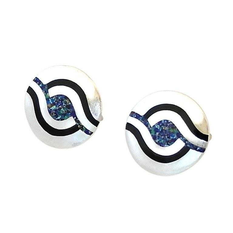 Margot de Taxco Sterling Silver and Natural Stone Inlay Cufflinks For Sale