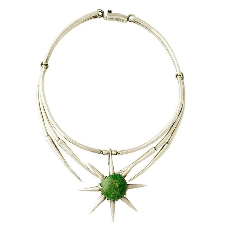 Salvador Teran Sterling Silver Jade Modernist Starburst Necklace For Sale