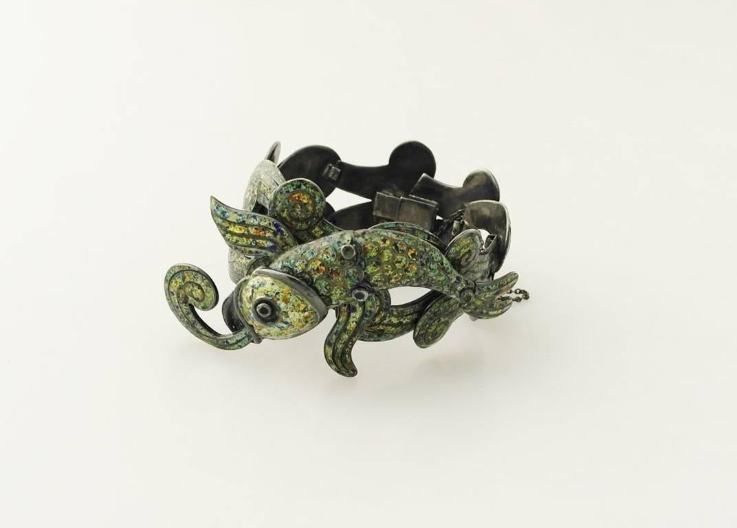 Margot de Taxco Sterling Silver & Enamel Koi Fish Bracelet In Excellent Condition In New York, NY