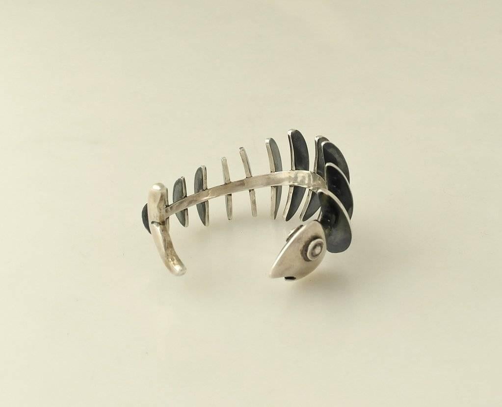 Antonio Pineda .970 Silver 3-D Skeletal Fish Cuff Bracelet For Sale 2