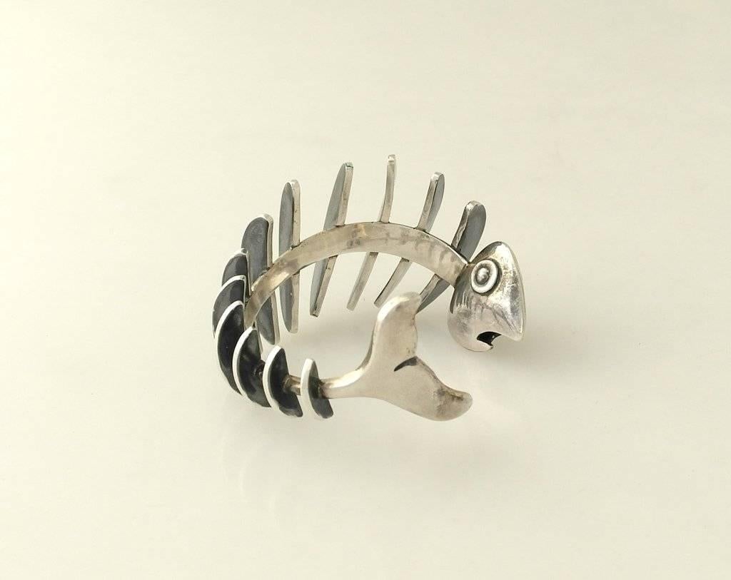 Antonio Pineda .970 Silver 3-D Skeletal Fish Cuff Bracelet For Sale 1