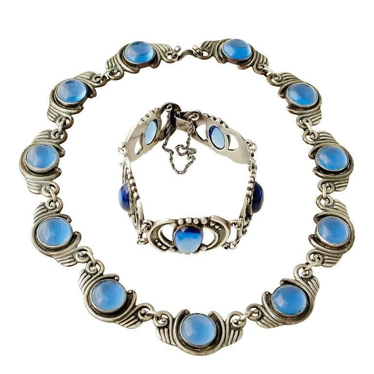 Los Castillo Sterling Silver & Blue Glass Necklace Bracelet Set For Sale