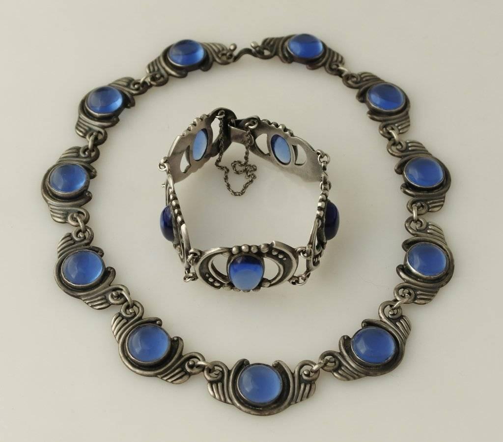 Women's Los Castillo Sterling Silver & Blue Glass Necklace Bracelet Set For Sale
