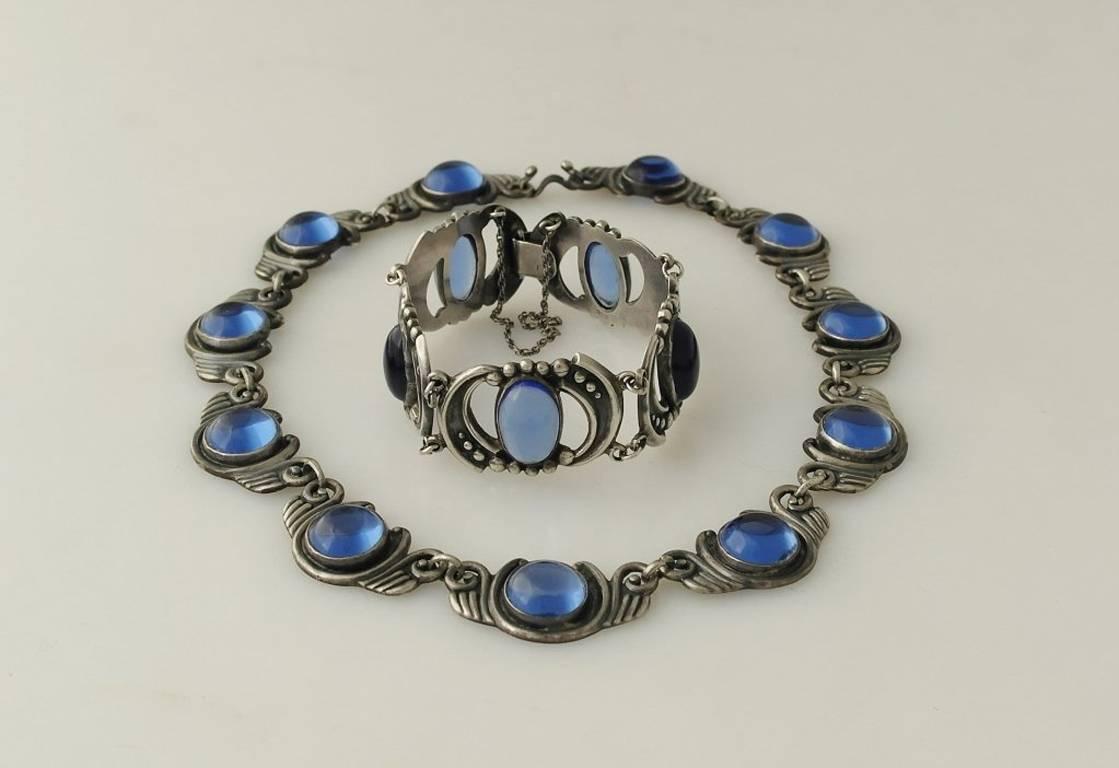 Los Castillo Sterling Silver & Blue Glass Necklace Bracelet Set In Excellent Condition For Sale In New York, NY