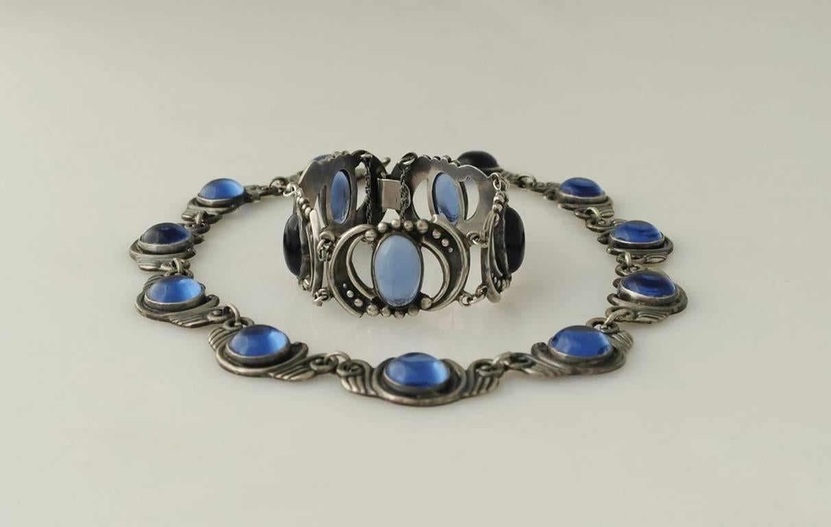 Los Castillo Sterling Silver & Blue Glass Necklace Bracelet Set For Sale 1