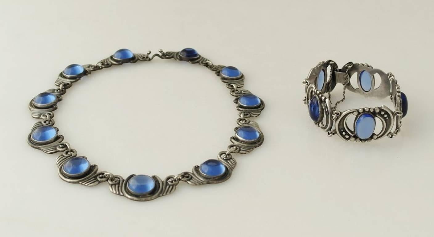 Los Castillo Sterling Silver & Blue Glass Necklace Bracelet Set For Sale 3