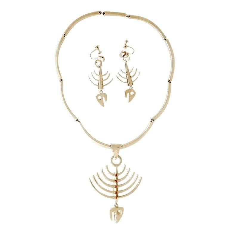 Los Castillo Taxco Sterling Silver Skeletal Fish Necklace & Earrings For Sale