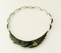 Emilia Castillo Taxco Sterling Silver & Stone Inlay Parrot Necklace