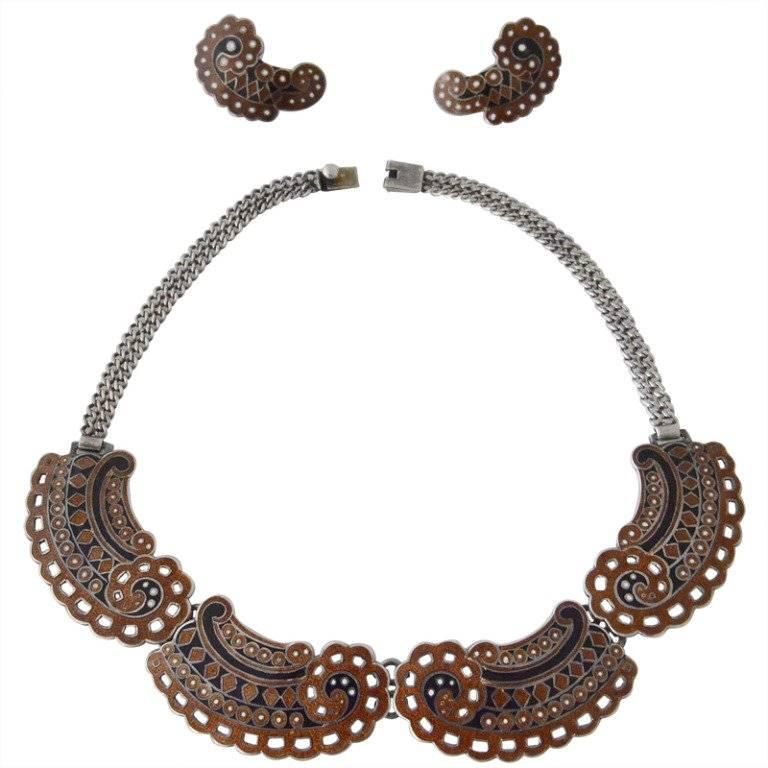 Margot de Taxco Sterling Silver Enamel Necklace and Earrings For Sale