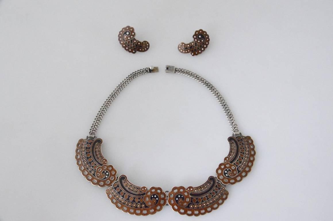 Margot de Taxco Sterling Silver Enamel Necklace and Earrings In New Condition For Sale In New York, NY
