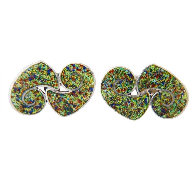 Margot de Taxco Sterling Silver Rare Confetti Enamel Cufflinks 1940 For Sale