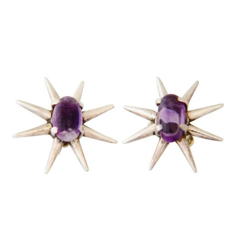 Salvador Teran Amethyst Sterling Silver Rare Starburst Motif Earrings For Sale