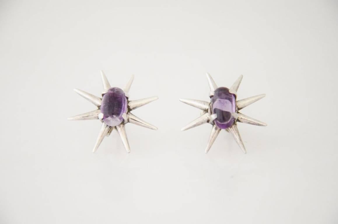 Salvador Teran Amethyst Sterling Silver Rare Starburst Motif Earrings In Excellent Condition For Sale In New York, NY