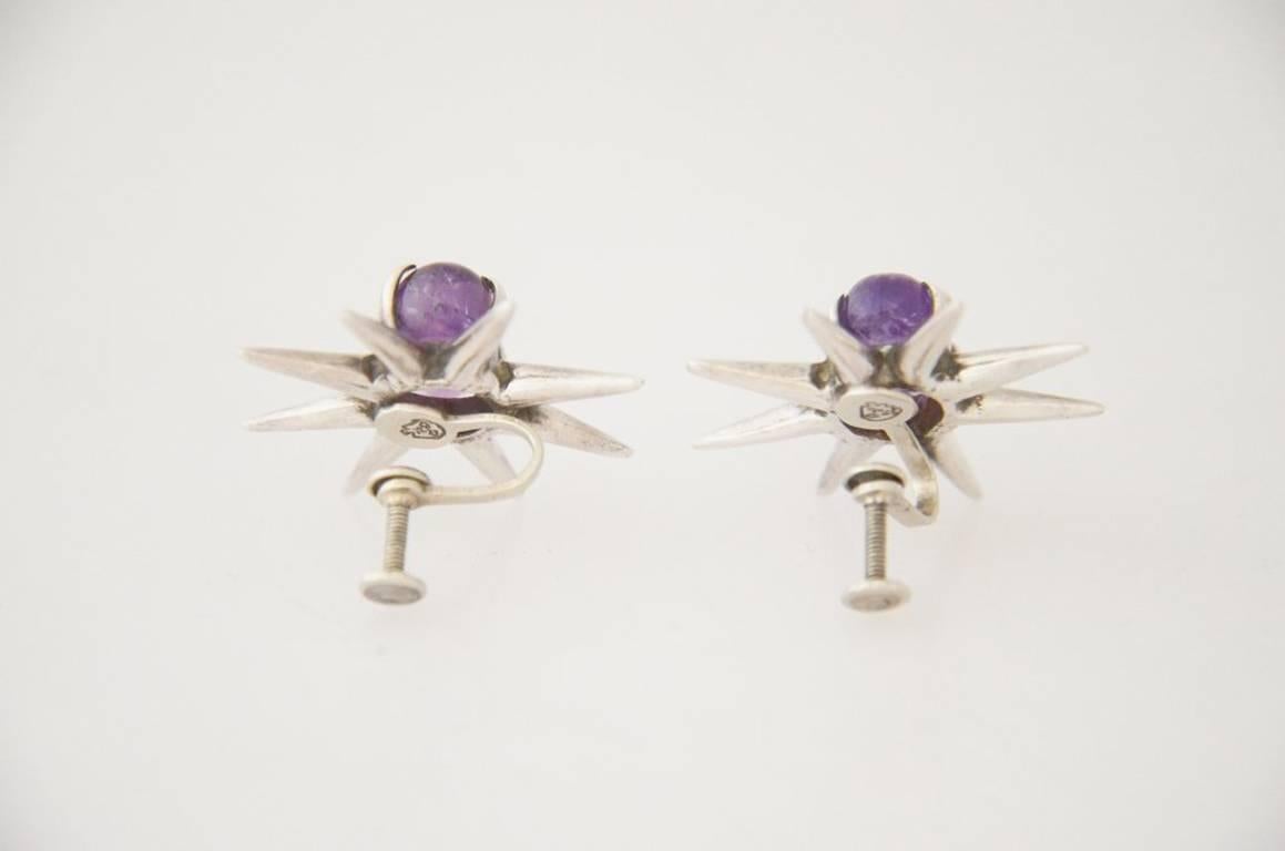 Women's Salvador Teran Amethyst Sterling Silver Rare Starburst Motif Earrings For Sale