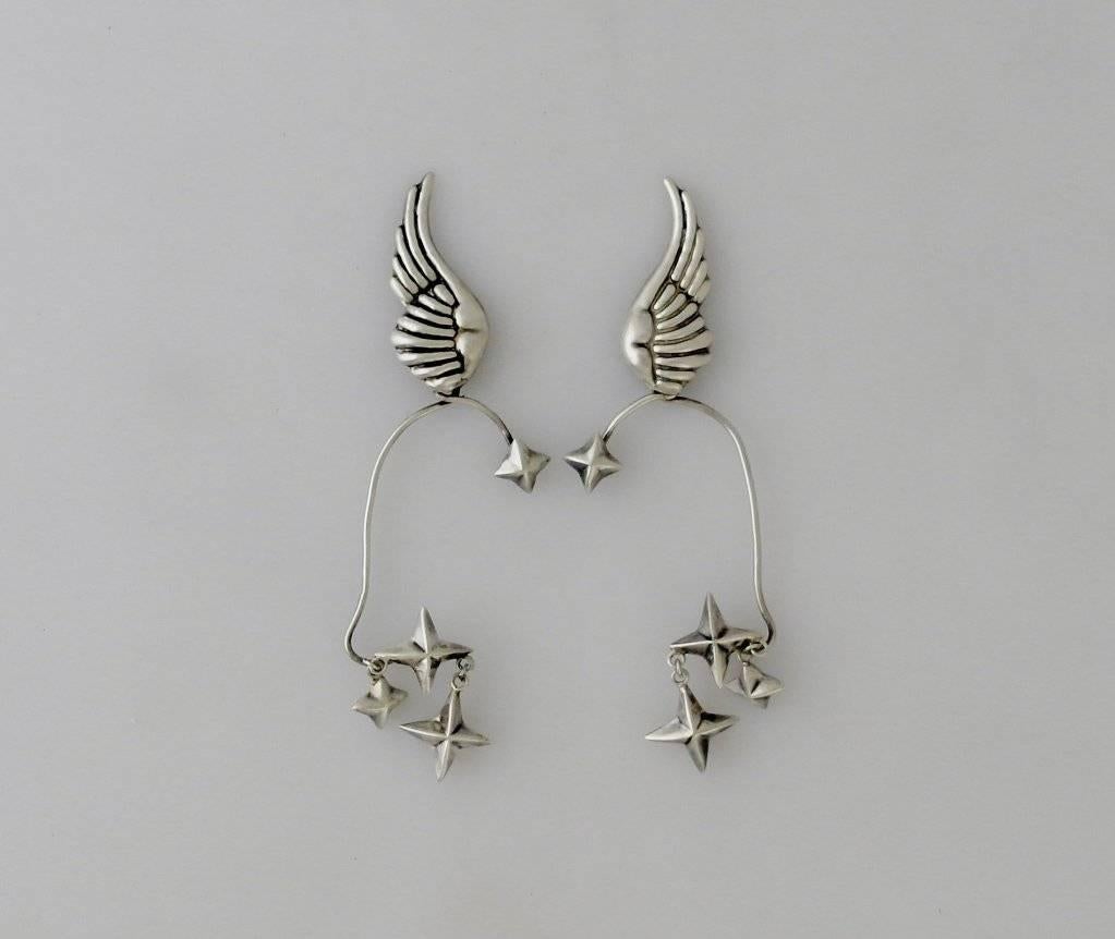 Hubert Harmon Taxco Sterling Silver Wings and Stars Wrap Around Earrings For Sale 1