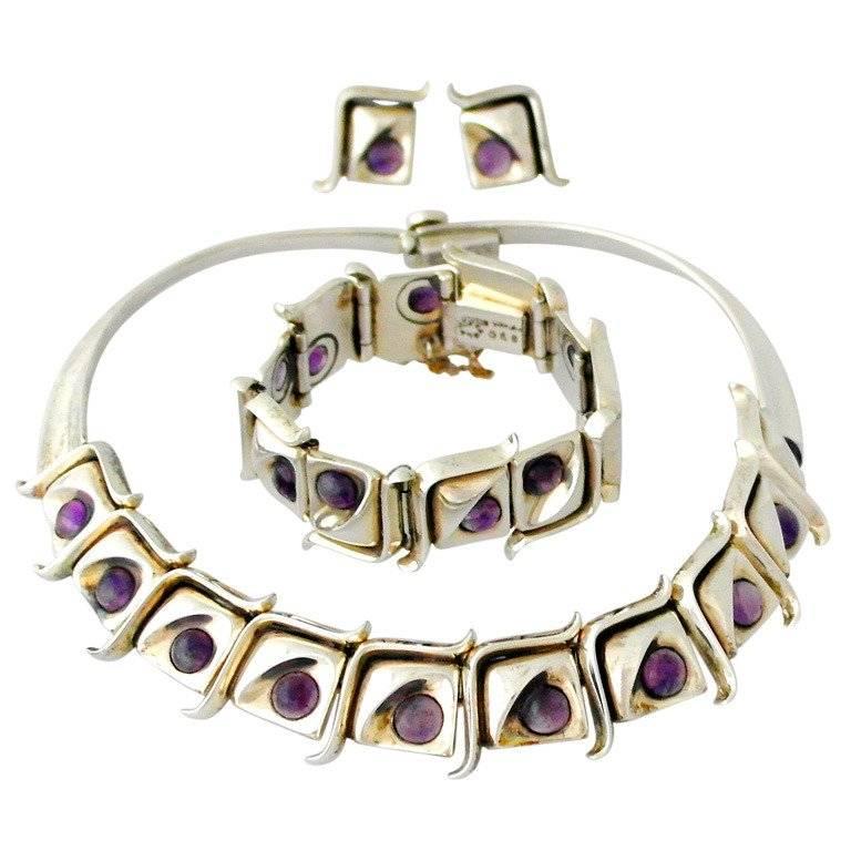  Modernist Taxco .970 Amethyst Silver Necklace Bracelet and Earring Set For Sale