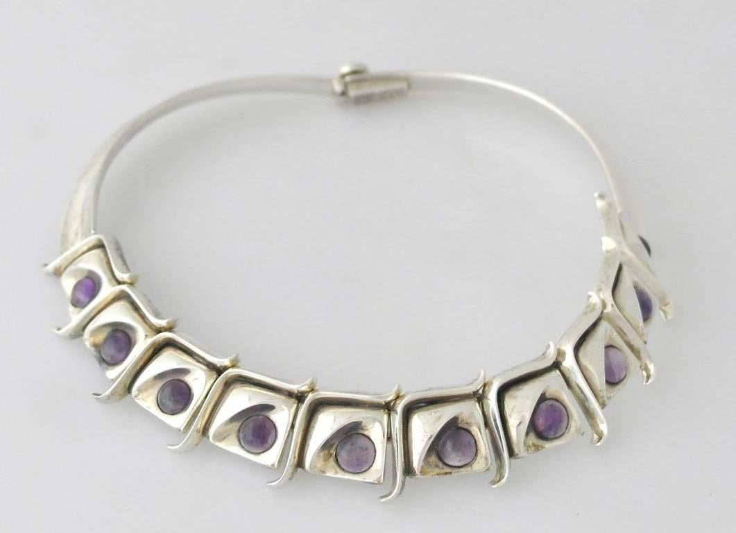  Modernist Taxco .970 Amethyst Silver Necklace Bracelet and Earring Set For Sale 1