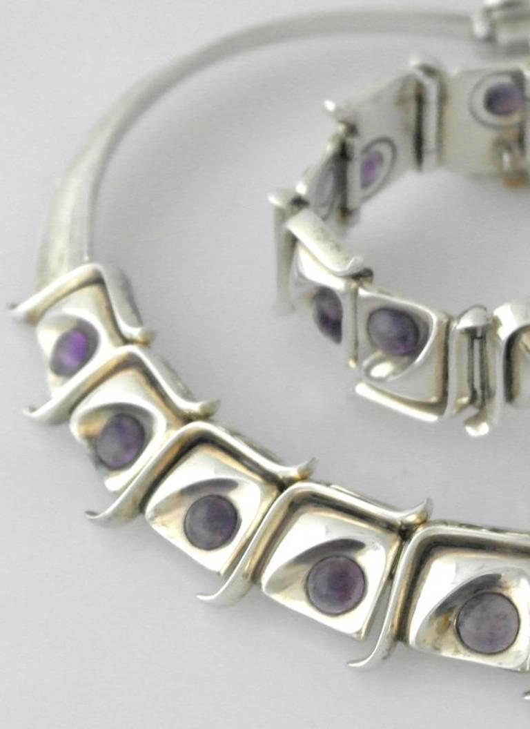  Modernist Taxco .970 Amethyst Silver Necklace Bracelet and Earring Set In Excellent Condition For Sale In New York, NY