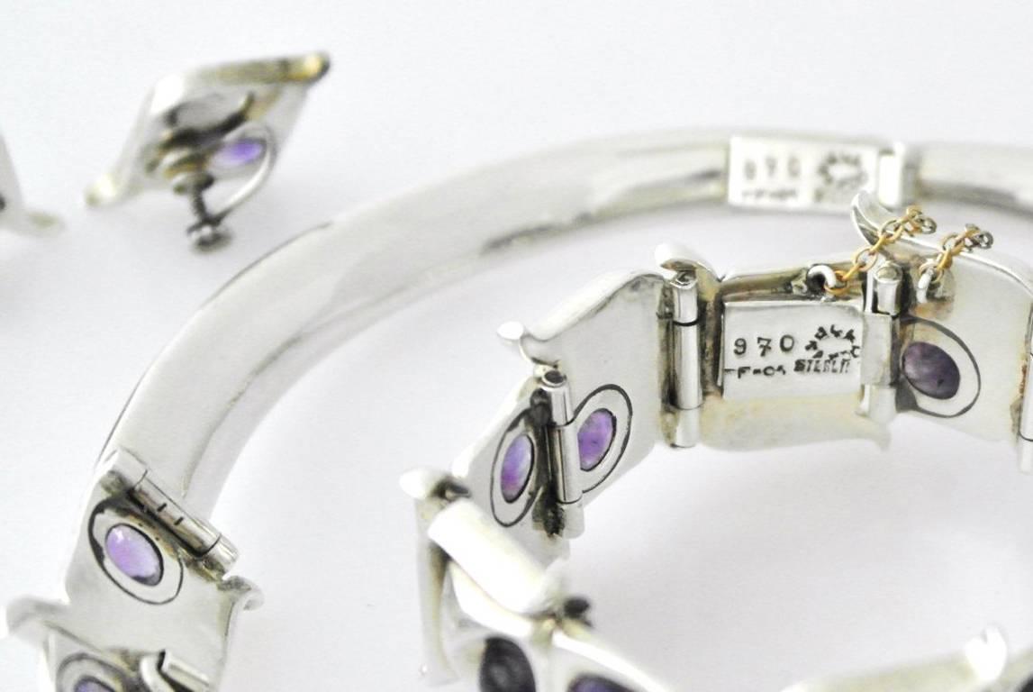 Women's  Modernist Taxco .970 Amethyst Silver Necklace Bracelet and Earring Set For Sale