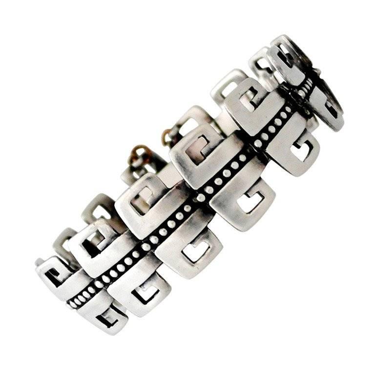 Margot de Taxco Sterling Silver Bracelet Double Greek Key Motif For Sale
