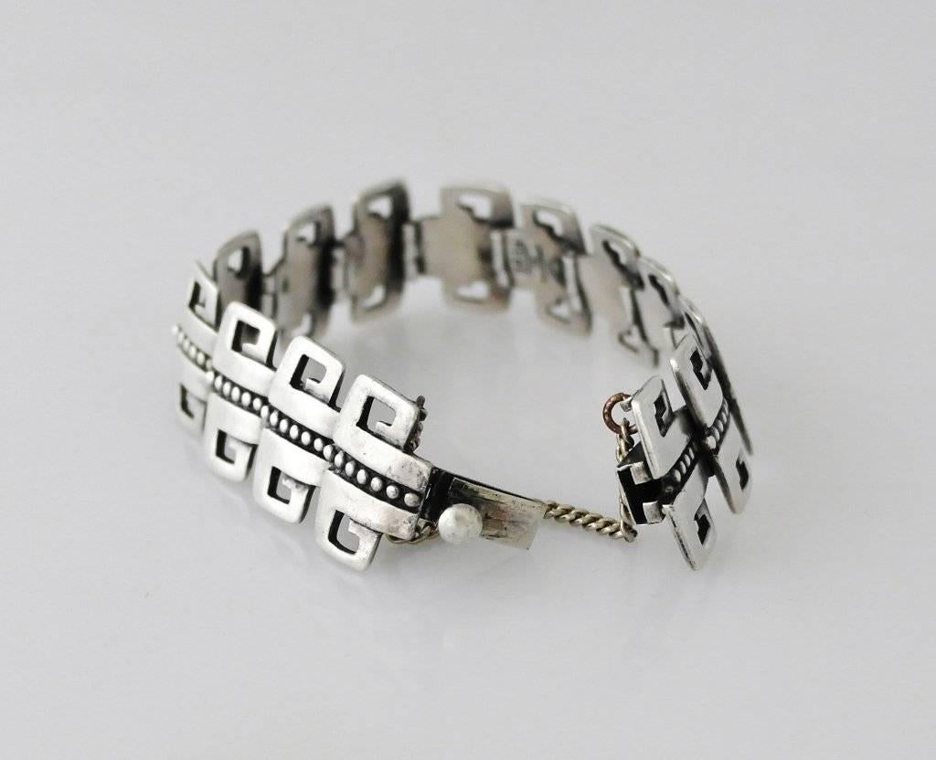 Margot de Taxco Sterling Silver Bracelet Double Greek Key Motif In Excellent Condition For Sale In New York, NY