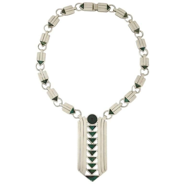 RARE MUSEUM QUALITY Spratling Azur Malachite Sterling Silver Necklace 1950 For Sale