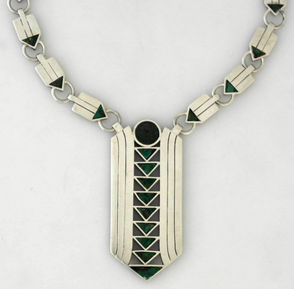 Women's RARE MUSEUM QUALITY Spratling Azur Malachite Sterling Silver Necklace 1950 For Sale