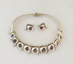 Modernist Taxco .970 Amethyst Silver Necklace Bracelet and Earring Set
