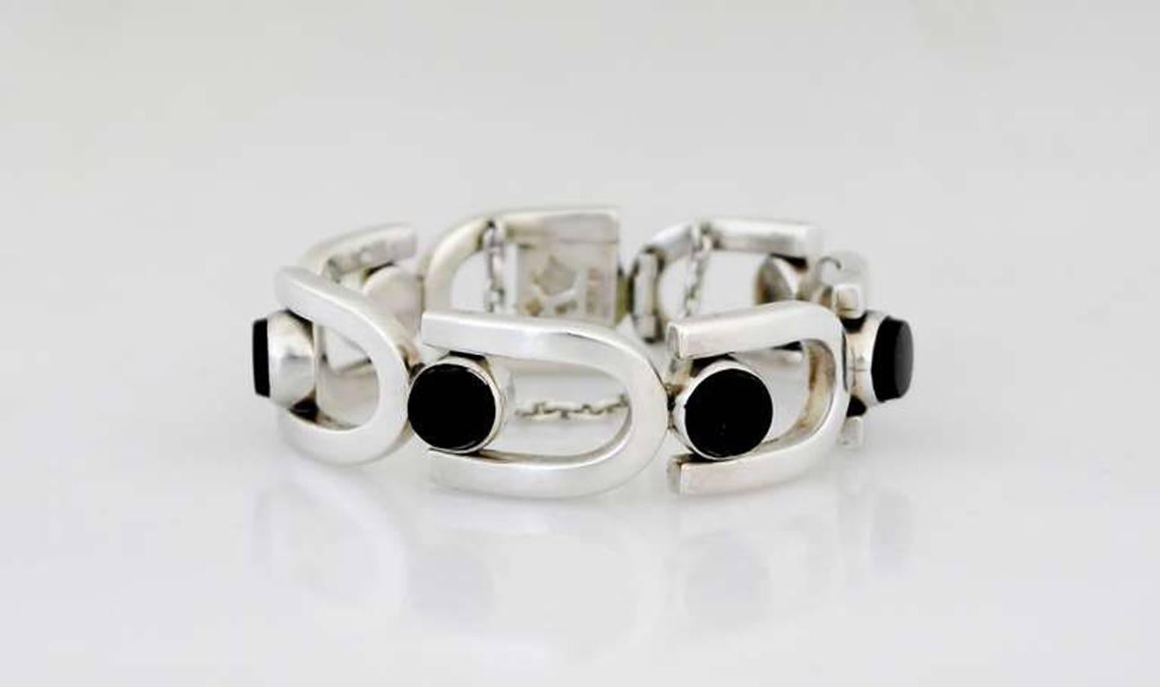 Women's MODERNIST 1960 Antonio Pineda .970 Silver Onyx Bracelet U-shaped Links For Sale