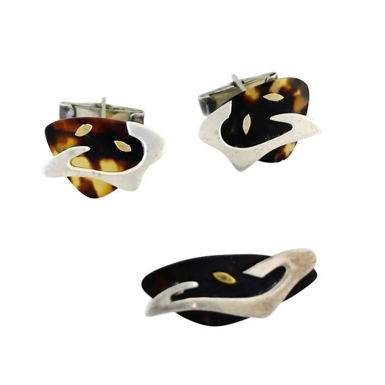 Enrique Ledesma Taxco Sterling Silver Tortoise Shell Cufflinks and Tie Clip For Sale