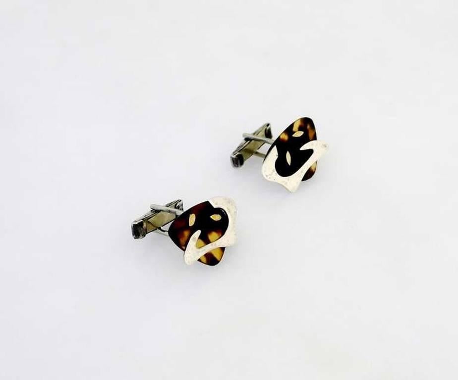 Enrique Ledesma Taxco Sterling Silver Tortoise Shell Cufflinks and Tie Clip
