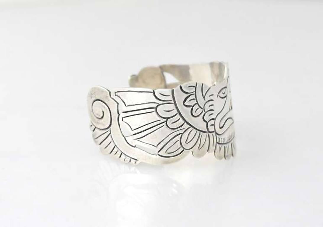 Taxco Doris Sterling Silver Handmade Eagle Cuff Bracelet For Sale 2