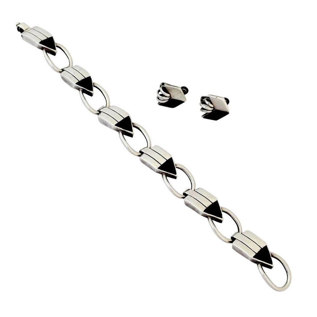 Early, Rare William Spratling Obsidian Sterling Silver Link Earrings 1940 For Sale