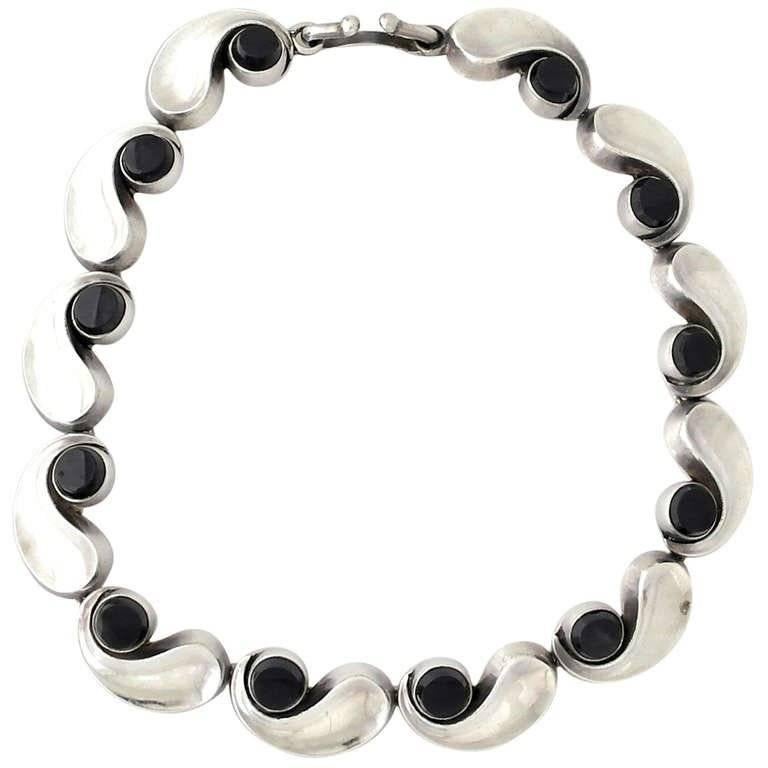 Antonio Pineda .970 Onyx and Silver Necklace For Sale