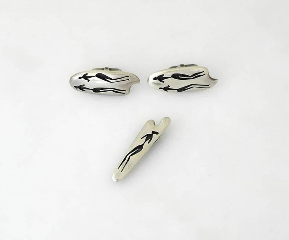 Women's or Men's Antonio Pineda Sterling Silver Cufflinks and Tie Clip For Sale