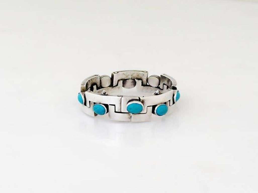 Pineda Style Taxco Turquoise Sterling Silver Bracelet 1950 In Excellent Condition In New York, NY