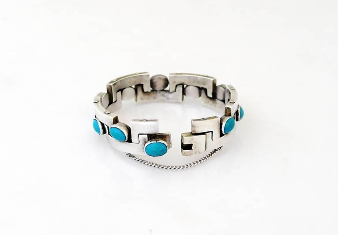 Pineda Style Taxco Turquoise Sterling Silver Bracelet 1950 1