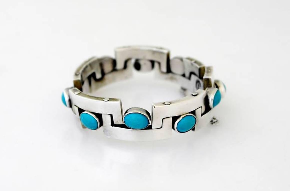 Pineda Style Taxco Turquoise Sterling Silver Bracelet 1950 2