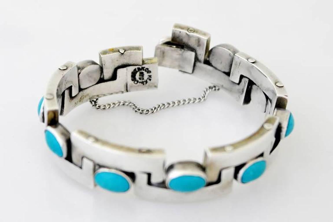 Pineda Style Taxco Turquoise Sterling Silver Bracelet 1950 3